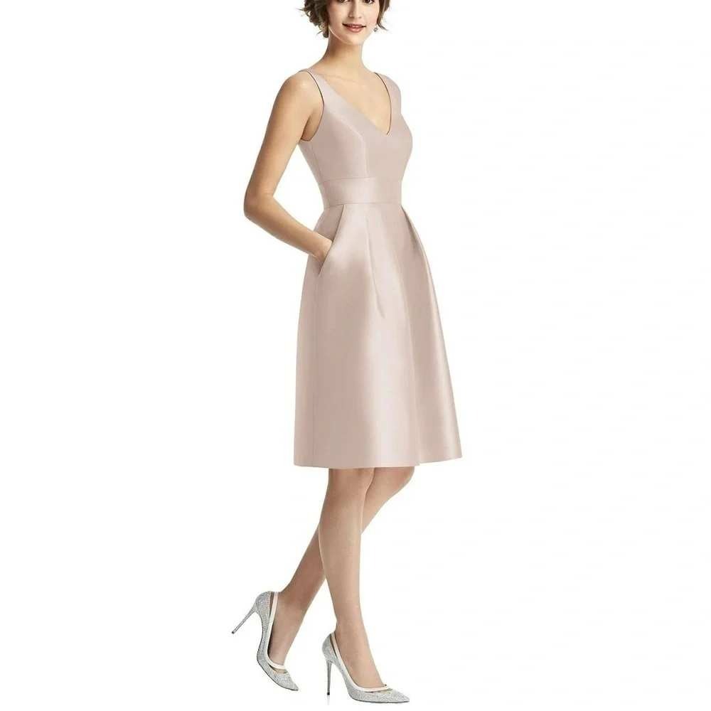 NEW Alfred Sung V-Neck Pleated Cocktail Dress Size 12 Pockets Cameo Beige D768